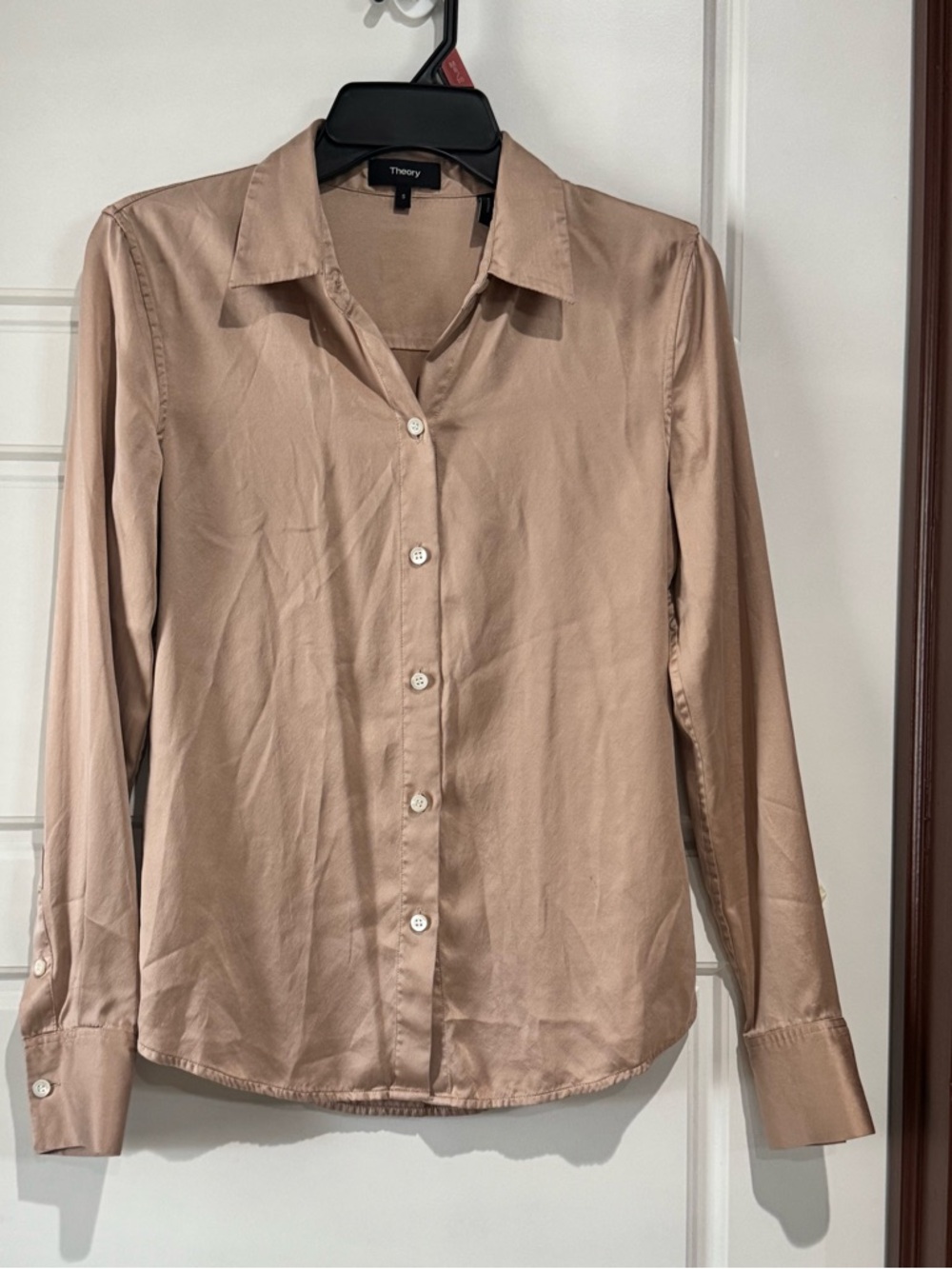 Theory Satin-Feel Button-Up Blouse in Taupe